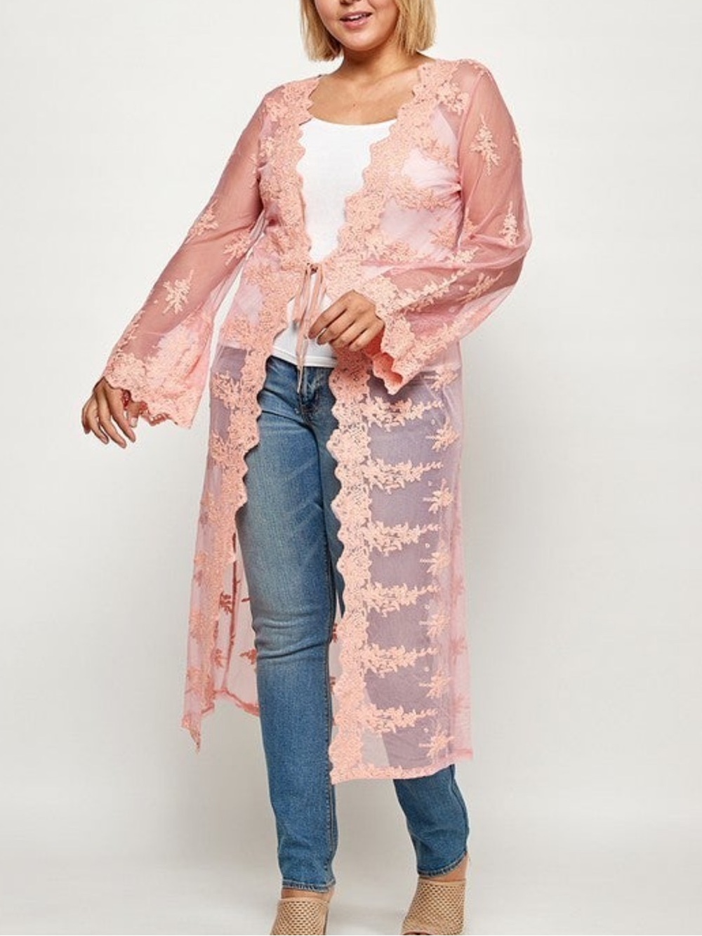 En Creme Long Sheer Lace-Trim Kimono in Peach Sleepwear Cover-Up Plus